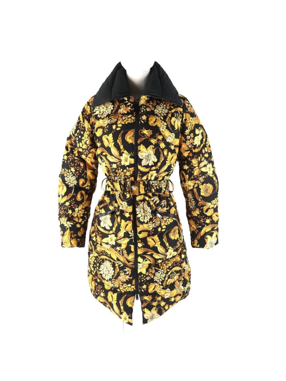 Versace Medusa Buckle with Belt Baroque Pattern Down Coat Black Yellow 36